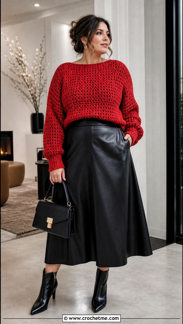 Crochet Sweater With Faux Leather Midi Skirt - 35 plus size crochet outfit ideas