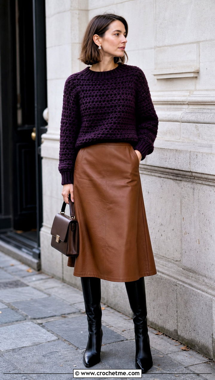 Crochet Sweater With Leather Midi Skirt - 25 crochet women clothes and outfit ideas
