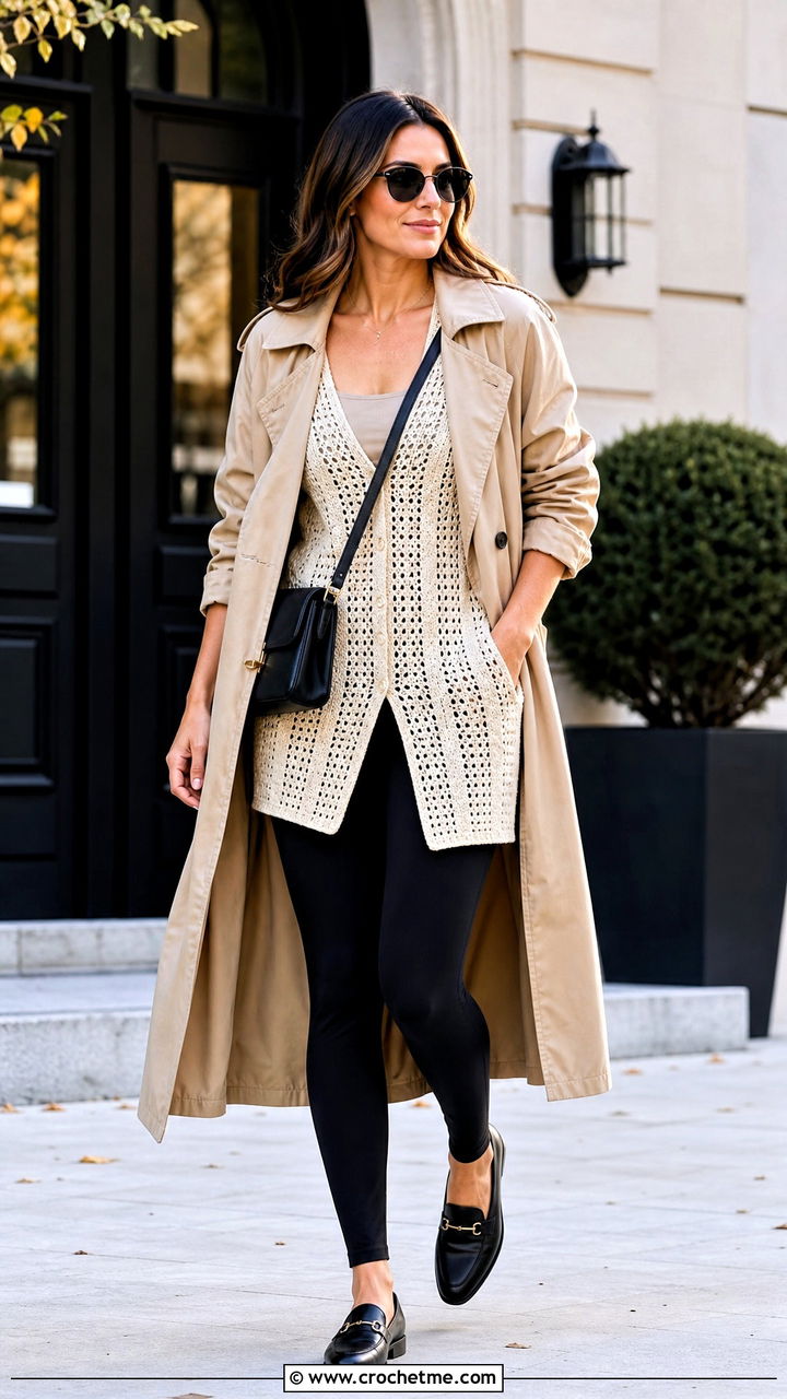 Crochet Sweater With Leggings And Trench Coat - 35 crochet sweater outfit ideas