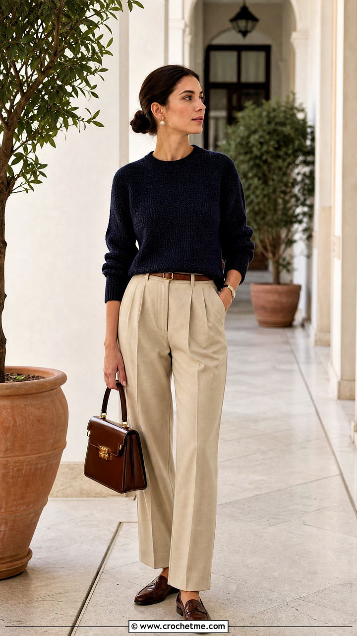 Crochet Sweater With Old Money Trousers - 35 crochet sweater outfit ideas