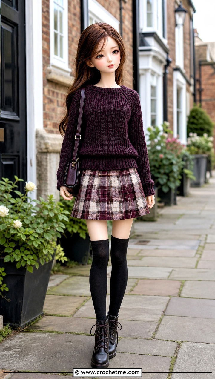 Crochet Sweater With Plaid Mini Skirt Doll Outfit - 15 Crochet Doll Clothes English outfit ideas