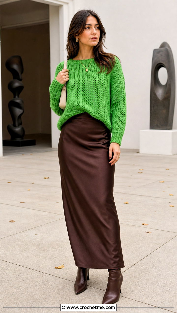 Crochet Sweater With Satin Maxi Skirt - 25 Crochet Projects Aesthetic Clothes and outfit ideas