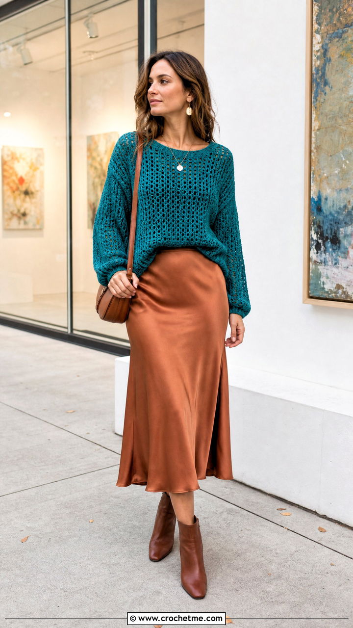 Crochet Sweater With Satin Midi Skirt - 35 boho crochet clothes and outfit ideas