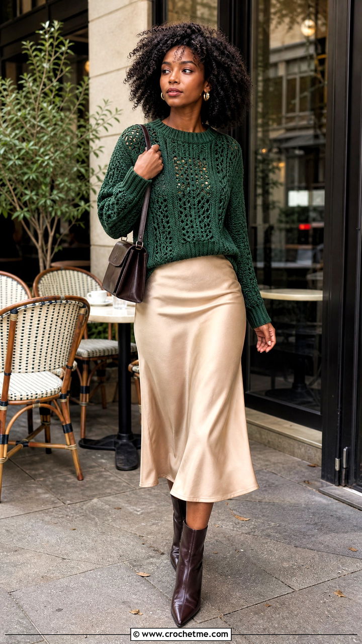 Crochet Sweater With Satin Midi Skirt - 35 crochet outfits black women outfit ideas