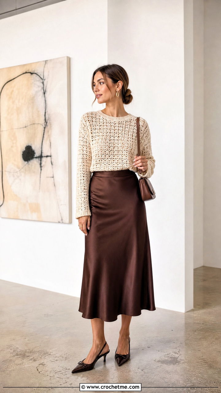 Crochet Sweater With Satin Midi Skirt - 35 crochet sweater outfit ideas
