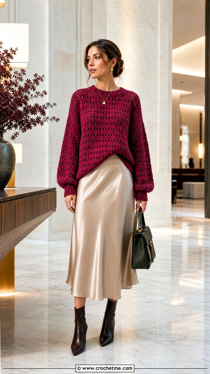 Crochet Sweater With Satin Midi Skirt - 35 easy crochet clothes and outfit ideas