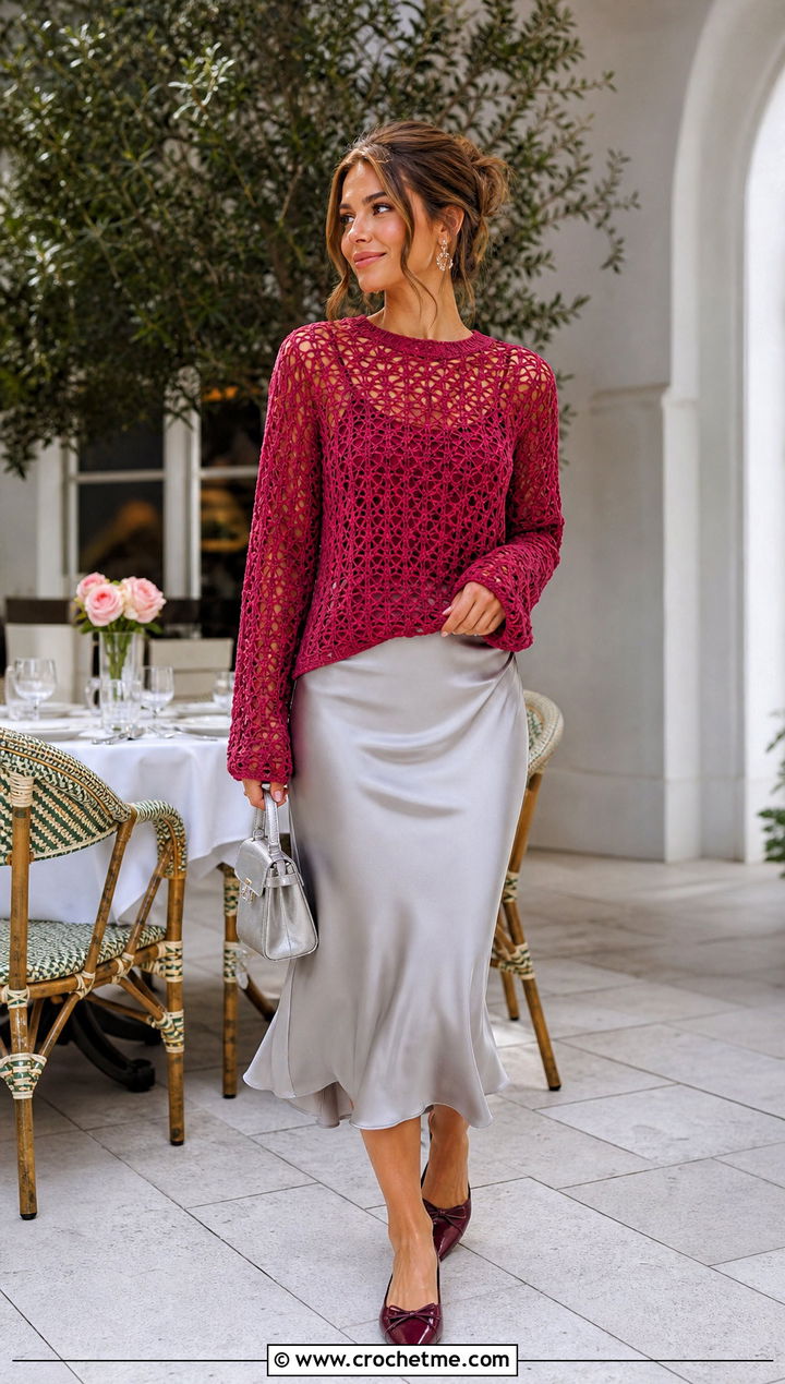 Crochet Sweater With Satin Midi Skirt - 30 outfits to crochet outfit ideas