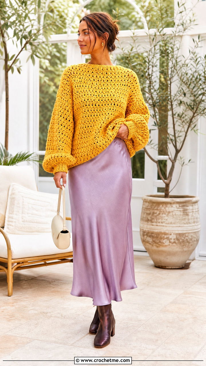 Crochet Sweater With Satin Slip Skirt - 35 cute crochet outfits ideas