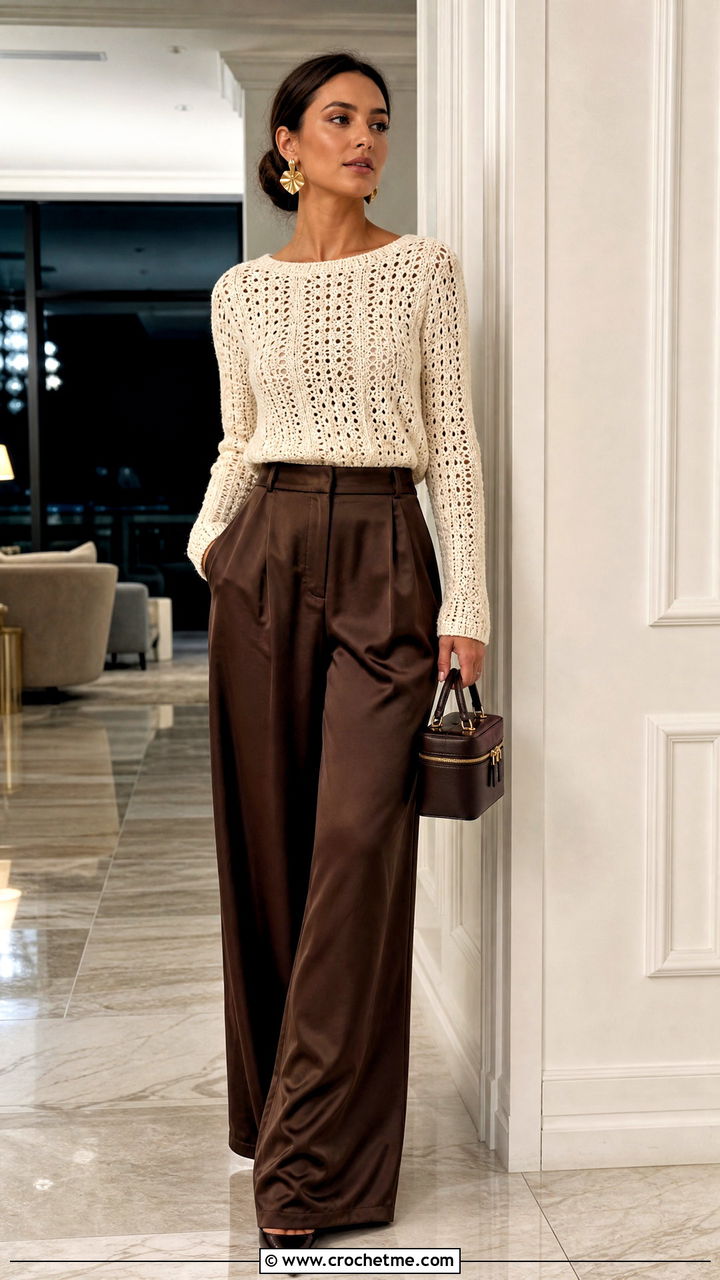 Crochet Sweater With Satin Wide Leg Pants - 35 crochet sweater outfit ideas