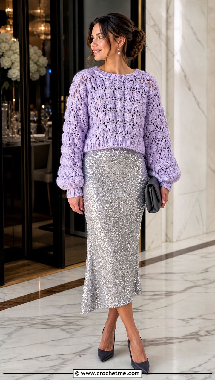 Crochet Sweater With Sequin Midi Skirt - 25 birthday crochet outfit ideas