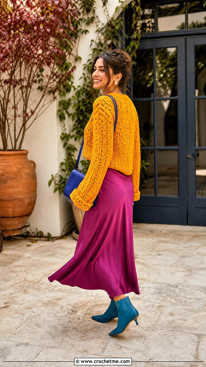 Crochet Sweater With Silk Midi Skirt - 35 crochet outfits ideas