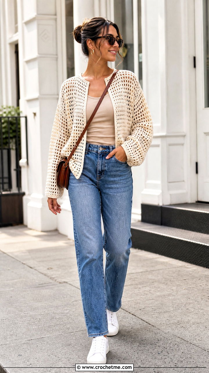 Crochet Sweater With Straight Leg Jeans - 35 crochet sweater outfit ideas
