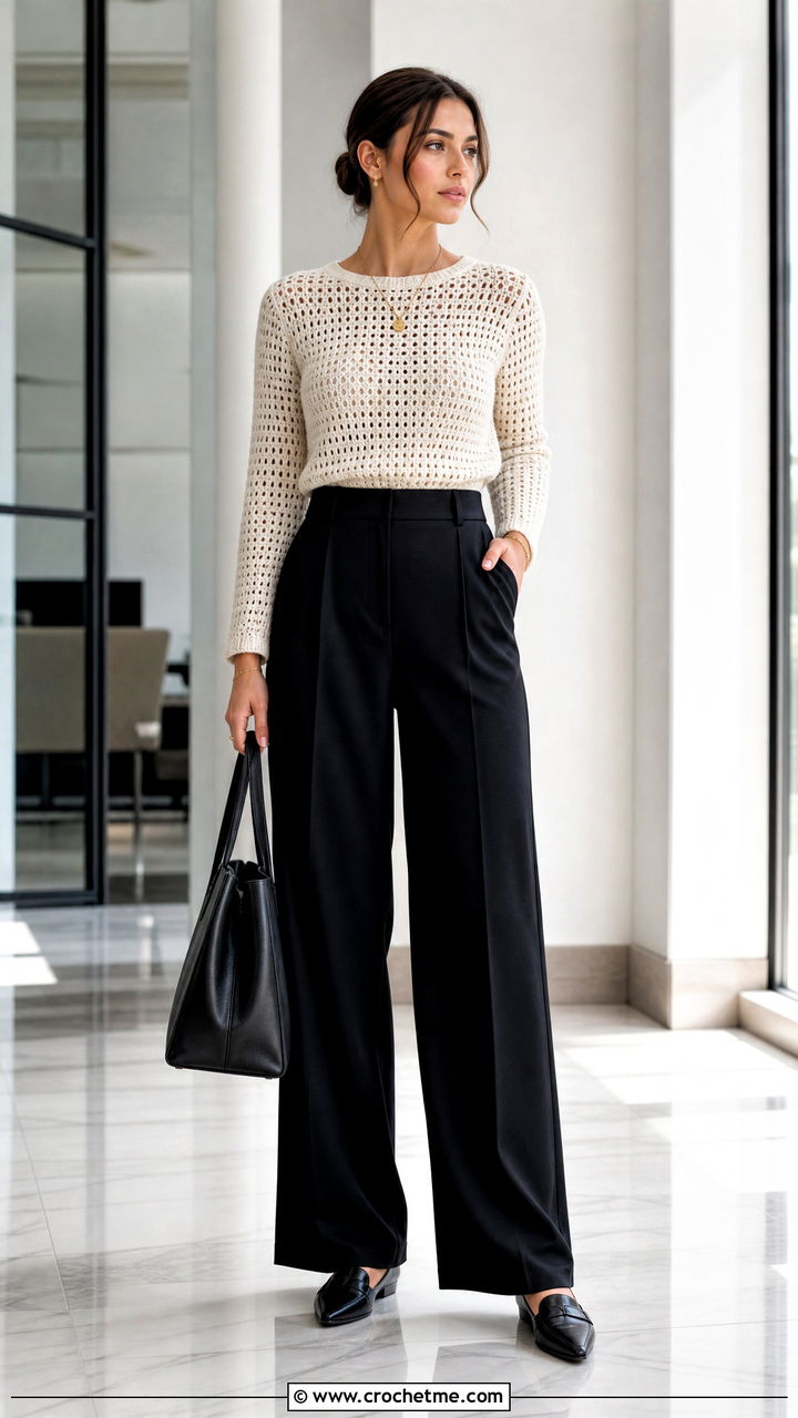 Crochet Sweater With Wide Leg Trousers - 35 crochet sweater outfit ideas
