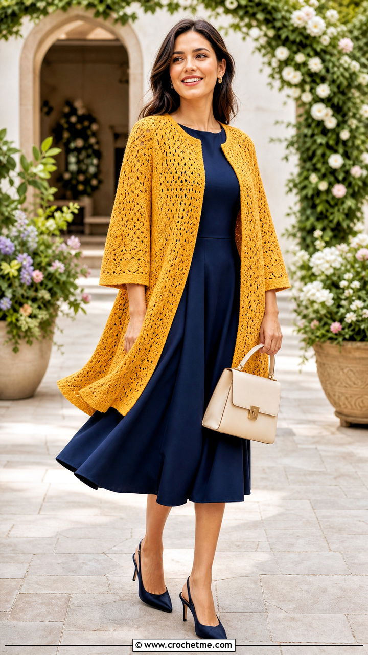 Crochet Swing Coat With Fit And Flare Dress - 35 crochet coats & jackets outfit ideas