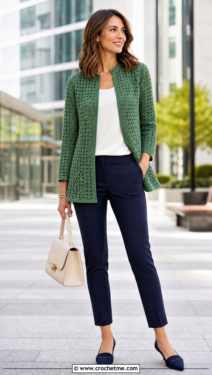 Crochet Swing Jacket With Cigarette Pants - 35 crocheted jacket outfit ideas