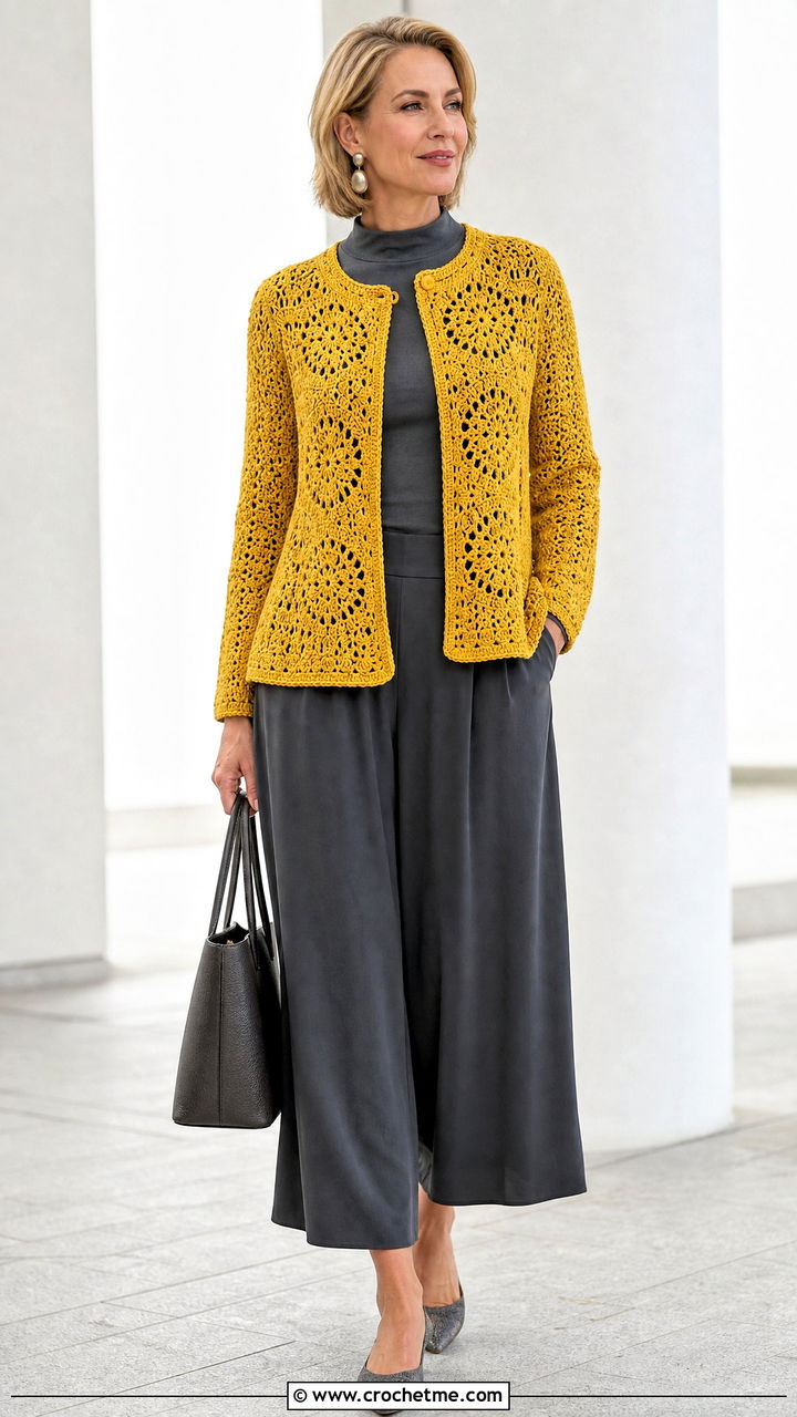 Crochet Swing Jacket With Culottes - 35 easy crochet jacket outfit ideas