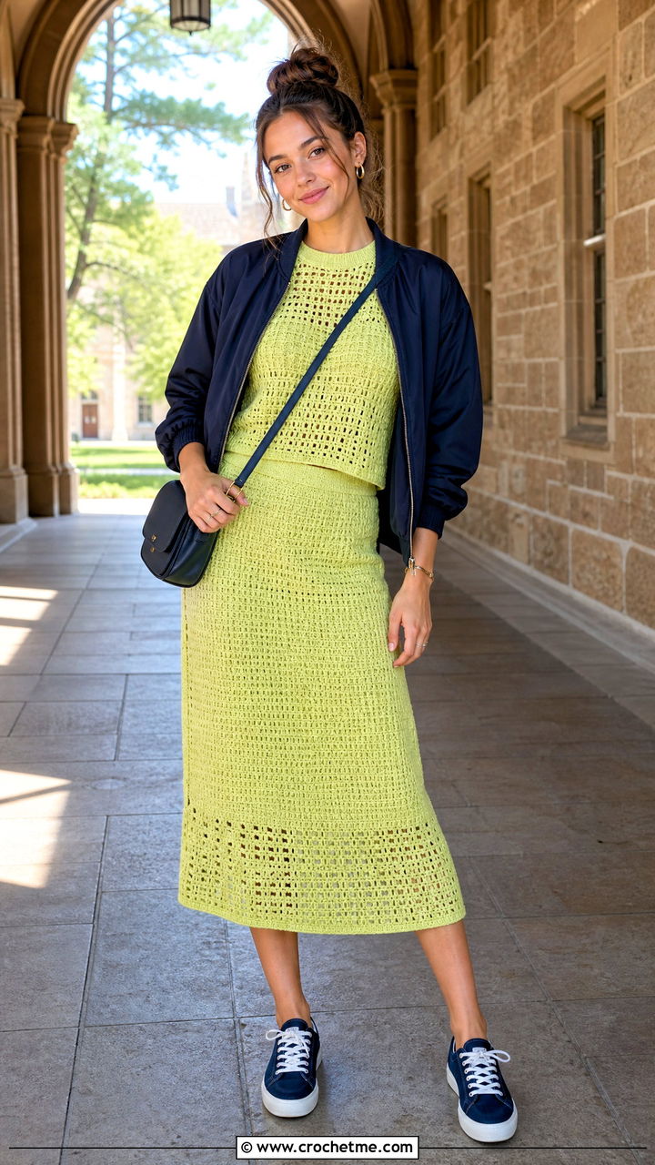 Crochet T Shirt And Midi Skirt With Denim Sneakers - 35 crochet two piece outfit ideas