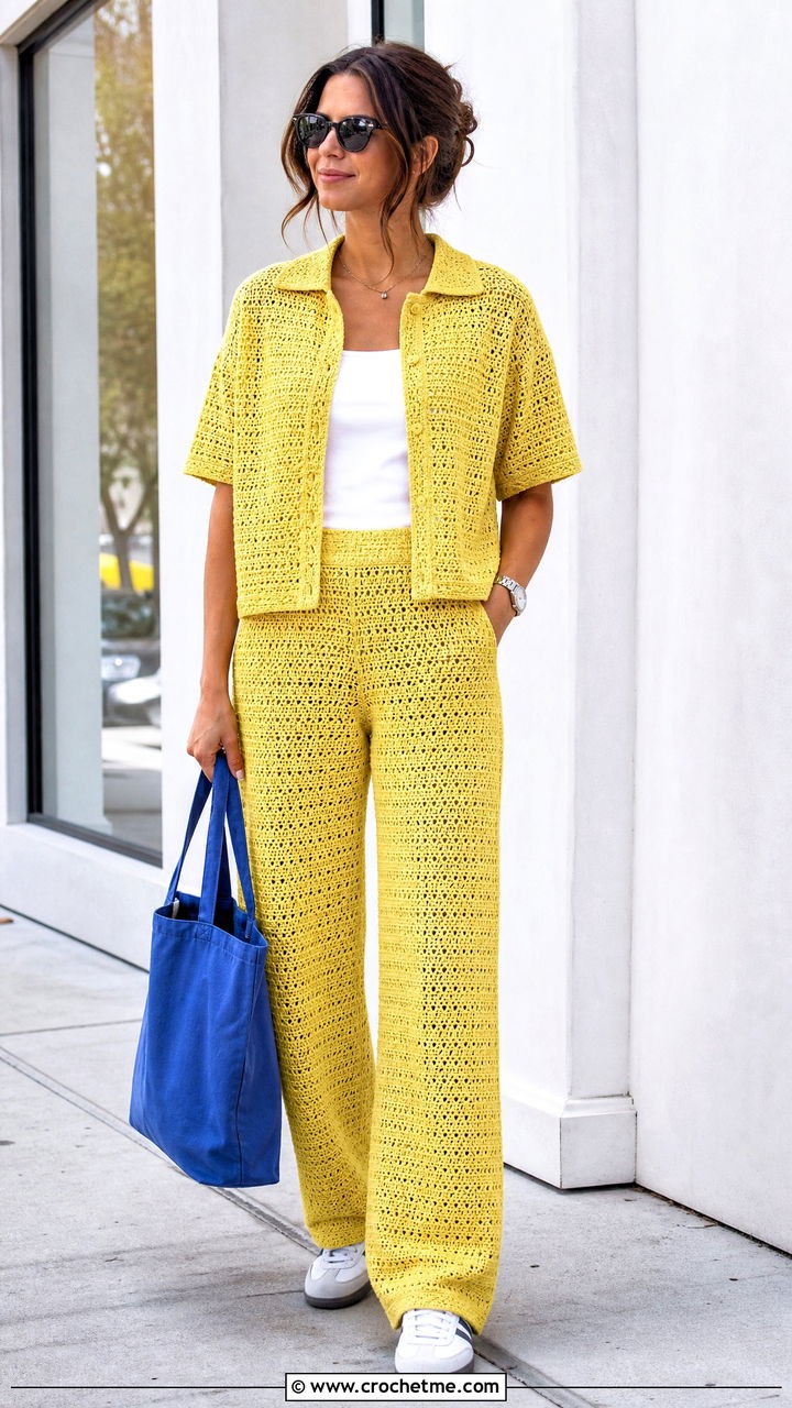 Crochet T Shirt And Straight Pants Set With Retro Sneakers - 35 crochet set outfit ideas