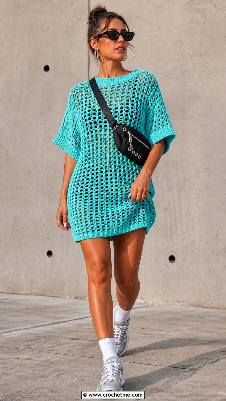 Crochet T Shirt Dress With Chunky Sneakers - 35 crochet dresses outfit ideas
