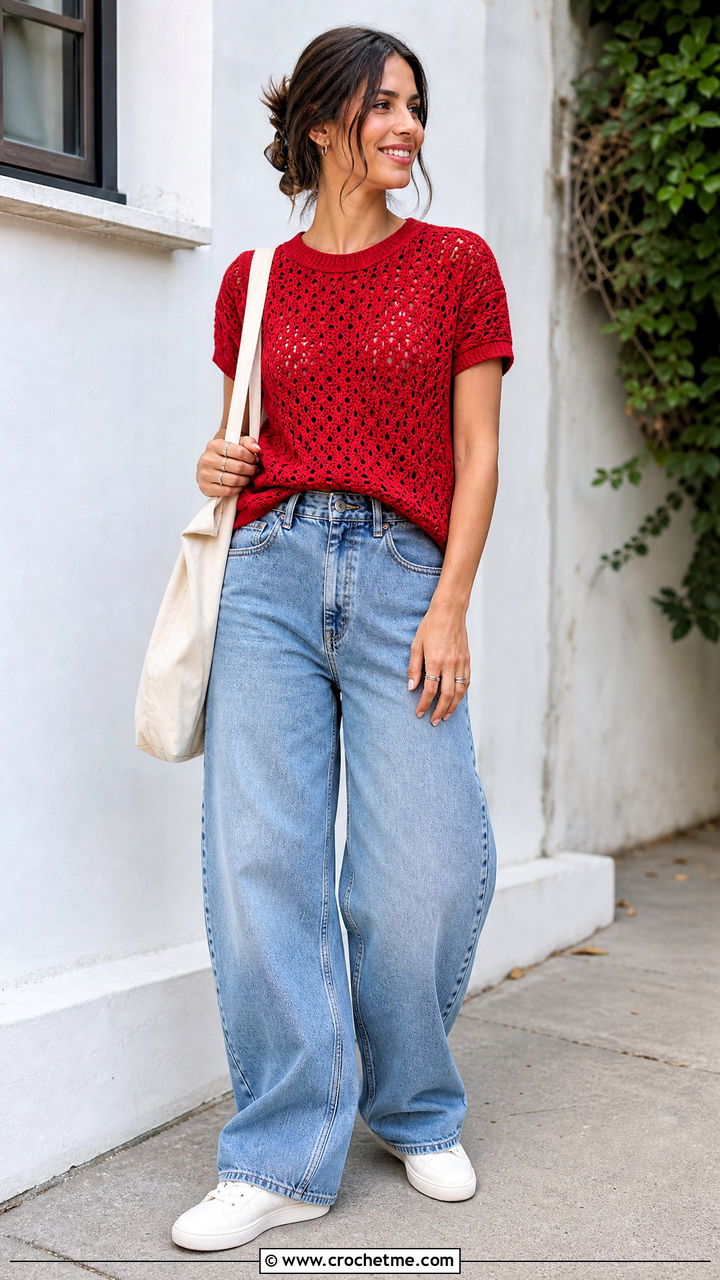 Crochet T Shirt Top With Barrel Jeans - 35 colorful crochet top outfit ideas