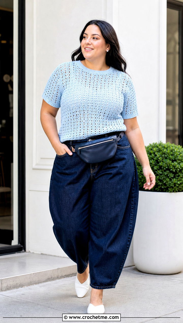 Crochet T Shirt Top With Barrel Jeans - 35 plus size crochet top outfit ideas