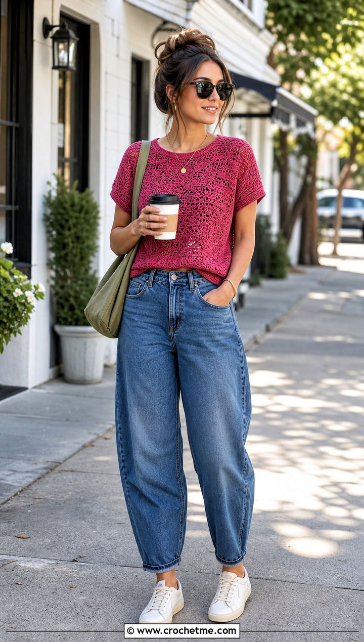 Crochet T Shirt Top With Barrel Jeans - 25 Women's Crochet Tops outfit ideas