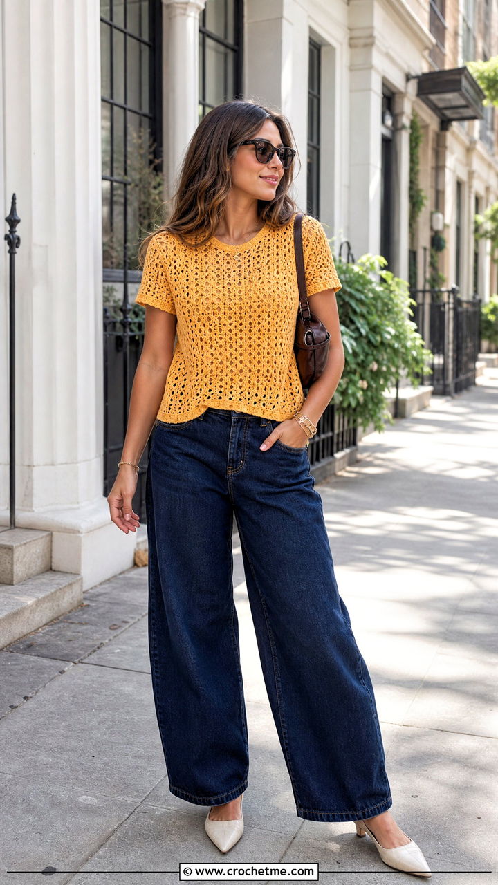 Crochet T Shirt Top With Barrel Jeans - 35 aesthetic crochet top outfit ideas