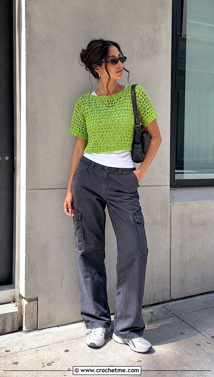 Crochet T Shirt Top With Cargo Pants - 20 modern crochet top outfit ideas