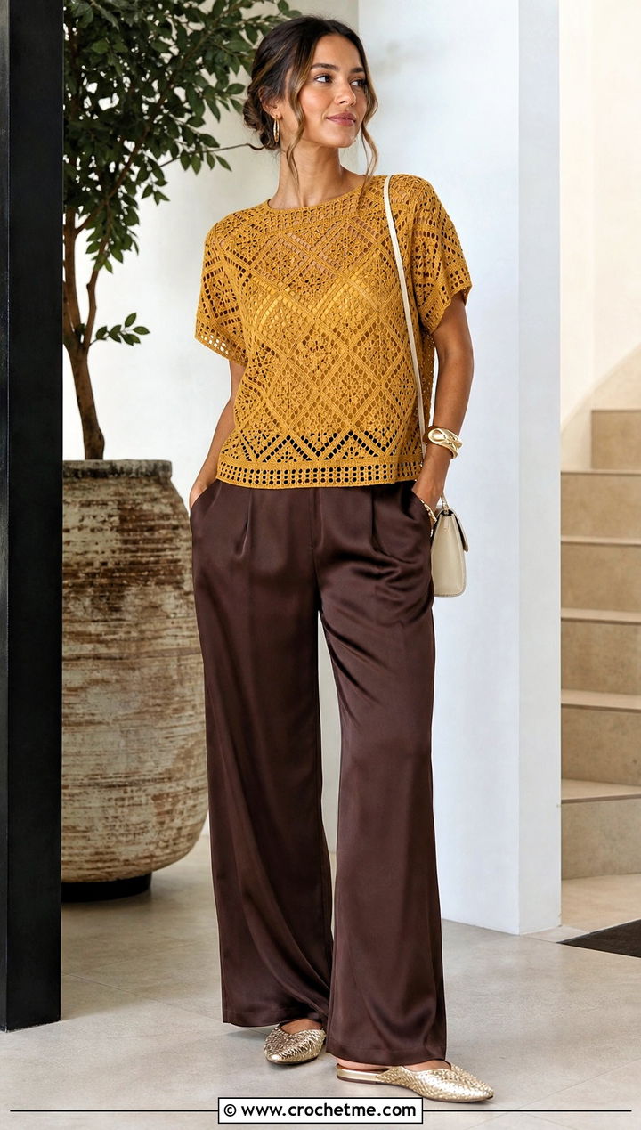 Crochet T Shirt Top With Satin Pants - 35 Cute Summer Crochet Tops outfit ideas