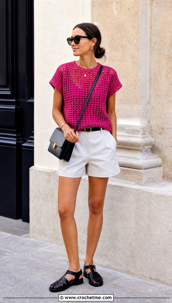 Crochet T Shirt Top With Tailored Shorts - 15 crochet tops on hangers outfit ideas