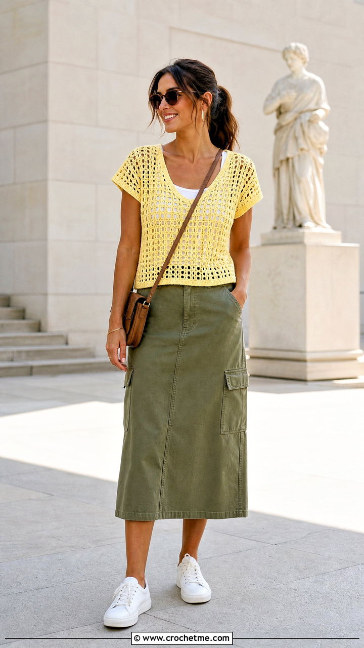 Crochet T Shirt Top With Utility Skirt - 35 crochet tops for women outfit ideas