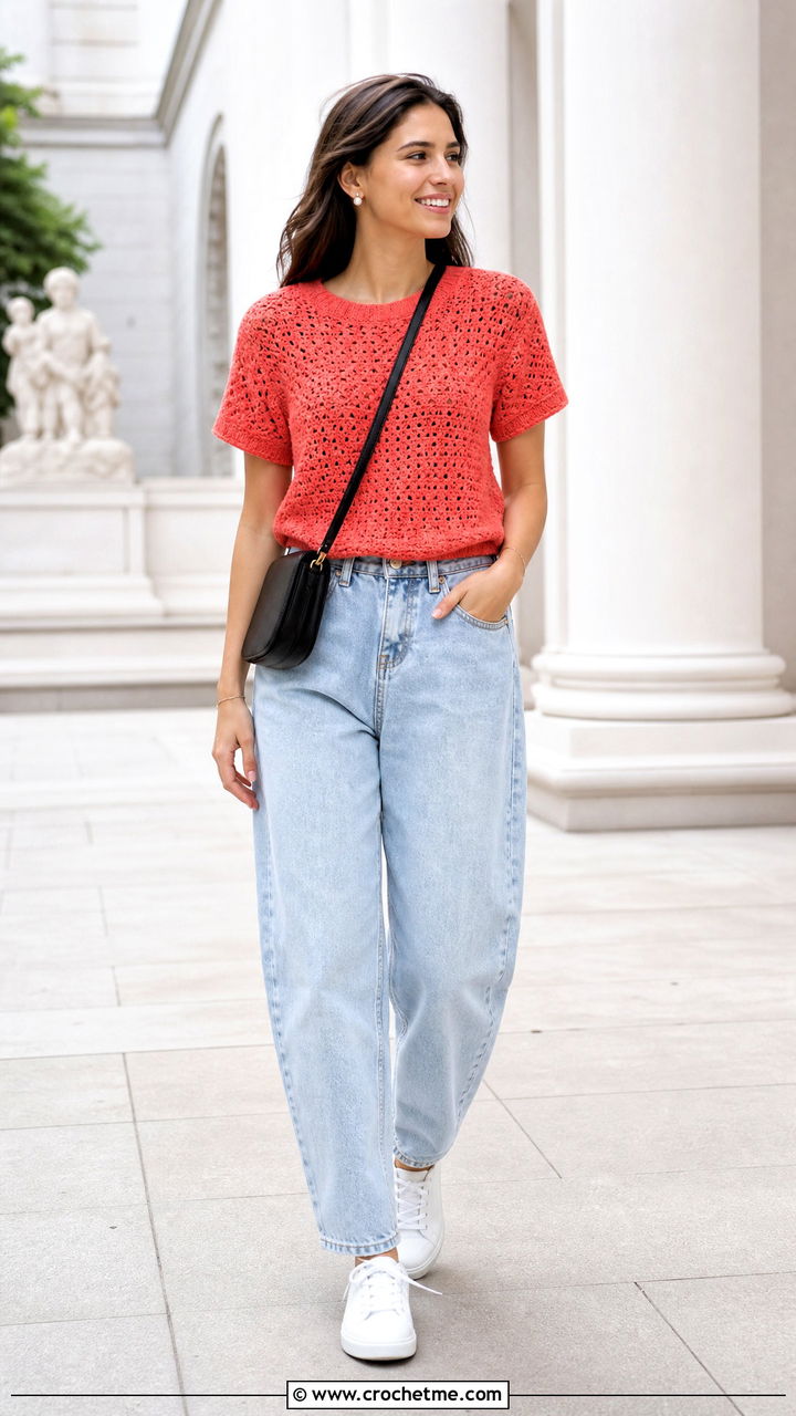 Crochet T Shirt With Barrel Jeans - 35 easy crochet tops outfit ideas