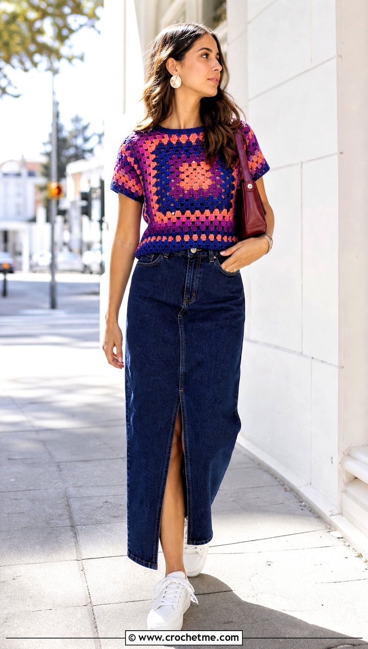 Crochet T Shirt With Denim Maxi Skirt - 30 multi color crochet top outfit ideas