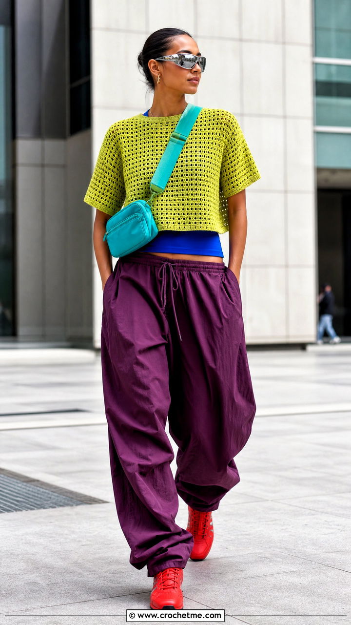 Crochet T Shirt With Parachute Pants - 35 crochet ladies tops outfit ideas