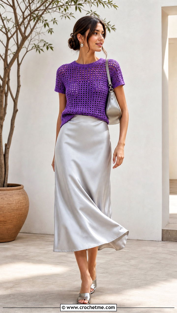 Crochet T Shirt With Satin Midi Skirt - 35 crochet shirt women outfit ideas