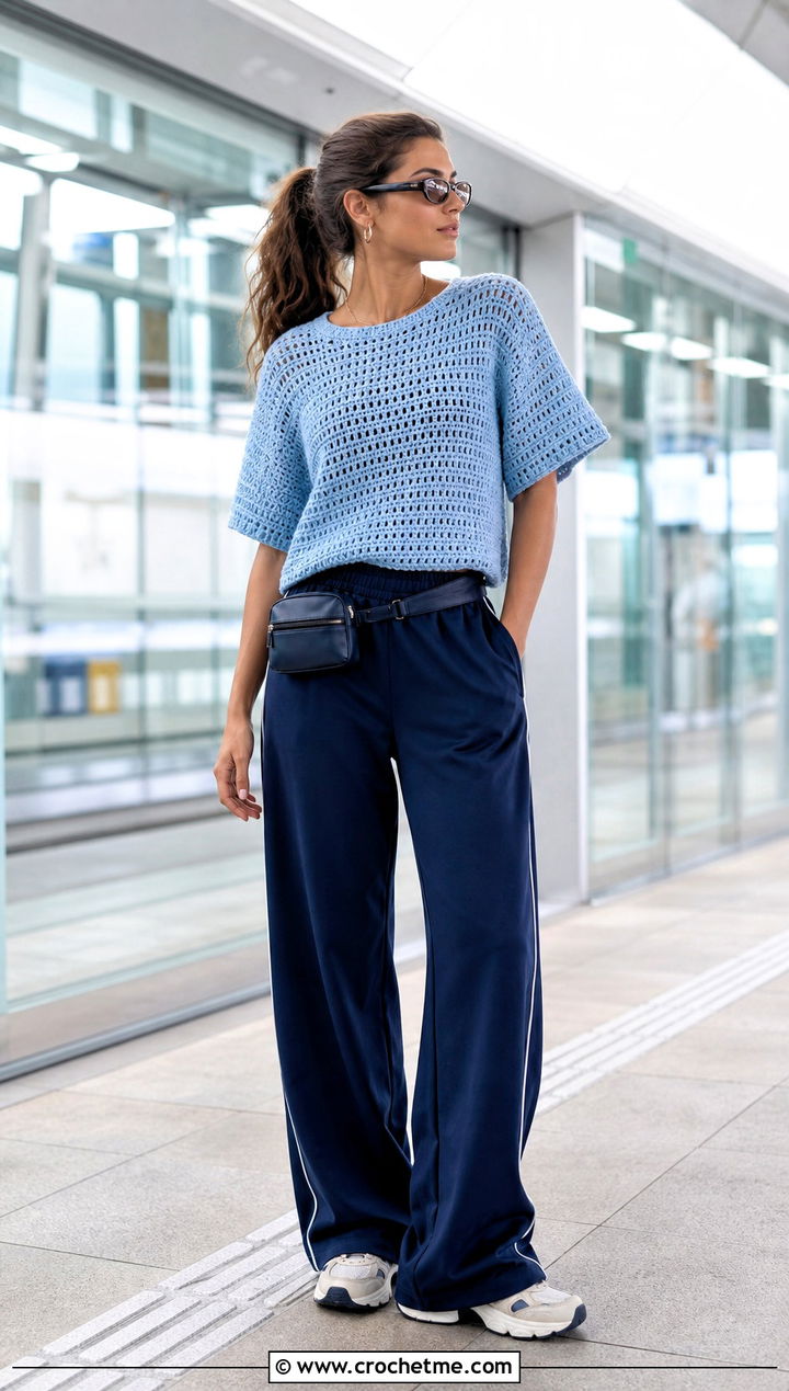 Crochet T Shirt With Track Pants And Sneakers - 30 cute crocheted tops outfit ideas