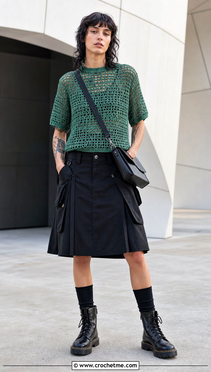 Crochet T Shirt With Utility Kilt - 30 Masc Crochet Clothes and outfit ideas