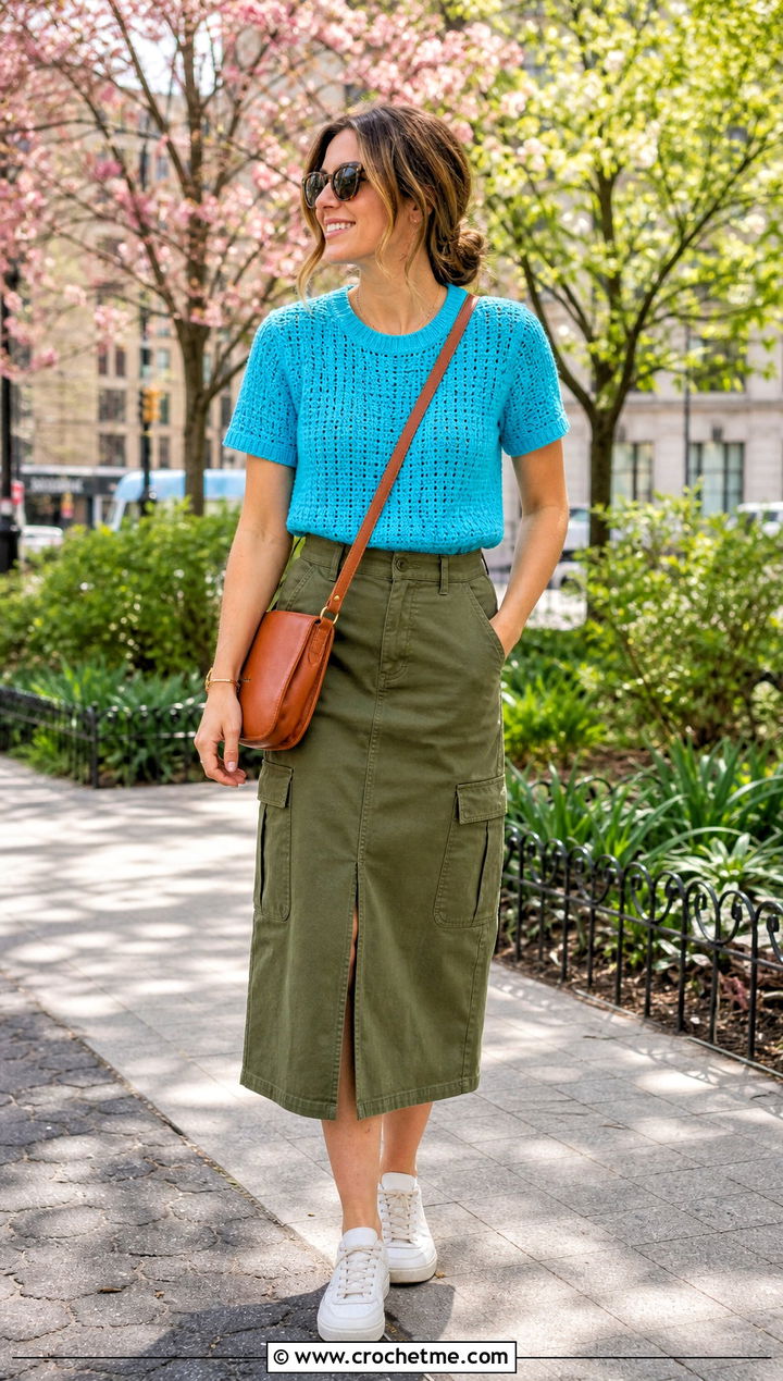 Crochet T Shirt With Utility Skirt - 35 knitted crochet top outfit ideas