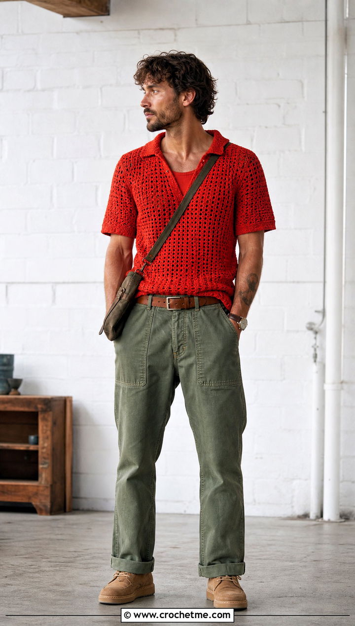 Crochet T Shirt With Workwear Pants - 35 crochet man shirt outfit ideas