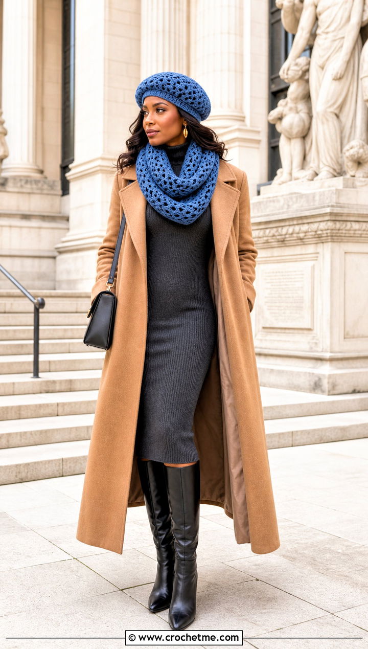 Crochet Tam And Loop Scarf With Knit Midi Dress - 35 crochet hat and scarf set outfit ideas