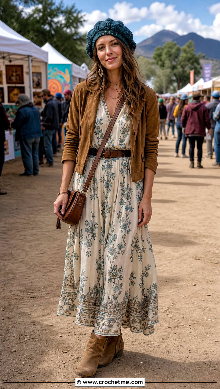 Crochet Tam Beret With Boho Maxi Dress - 35 easy crochet beret outfit ideas