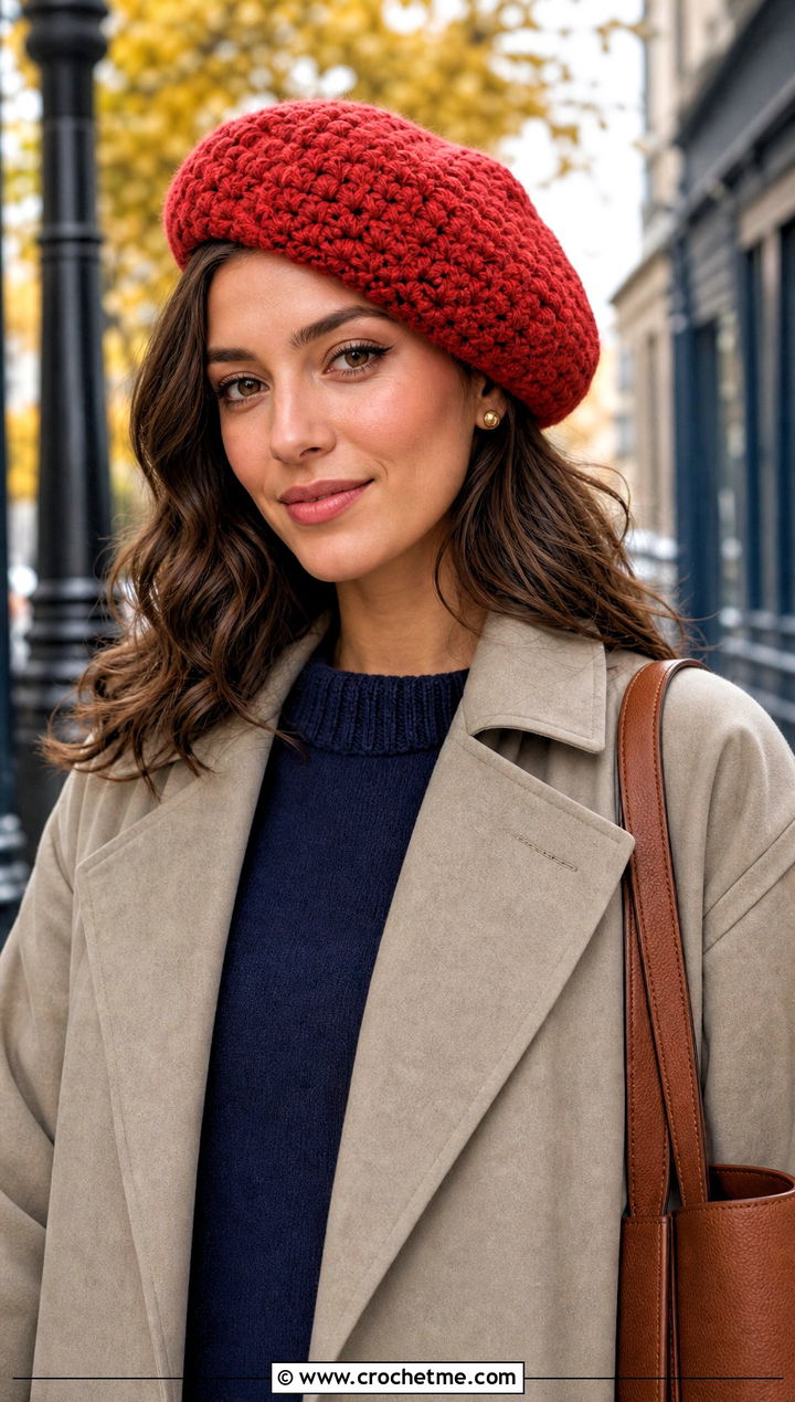 Crochet Tam Cap With Trench Coat And Loafers - 15 crochet hair cap outfit ideas