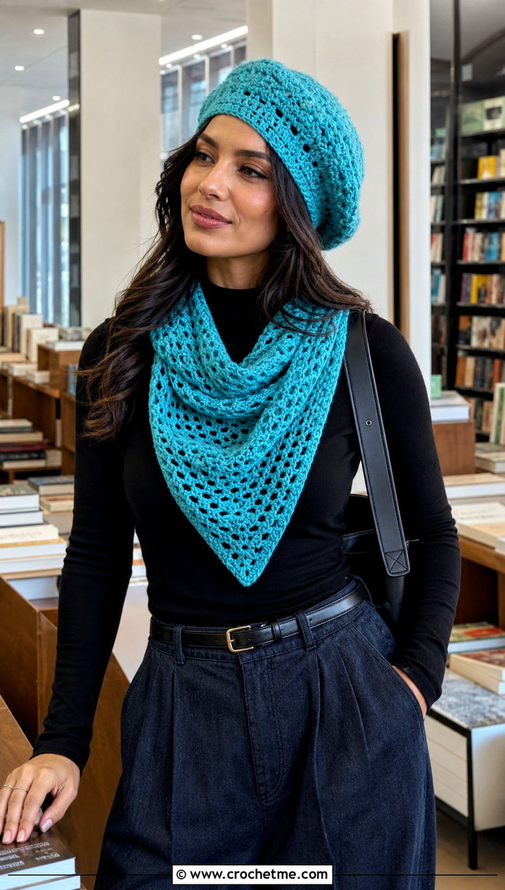 Crochet Tam Hat And Triangle Scarf With Wide Leg Jeans - 25 crochet hat scarf outfit ideas