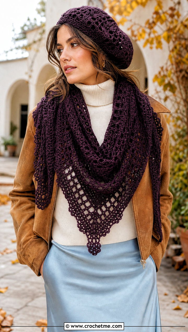 Crochet Tam Hat And Triangle Shawl Scarf With Maxi Skirt - 25 crochet scarf hat combo outfit ideas