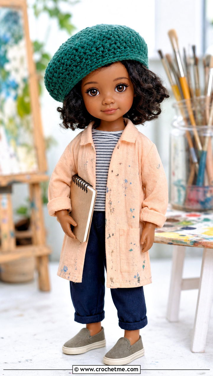 Crochet Tam Hat With Art Smock And Cropped Pants - 35 crochet hat for doll outfit ideas