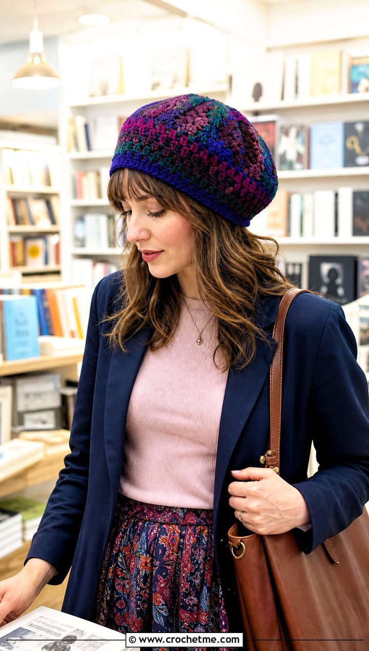 Crochet Tam Hat With Blazer And Printed Maxi Skirt - 20 crochet women's hat outfit ideas