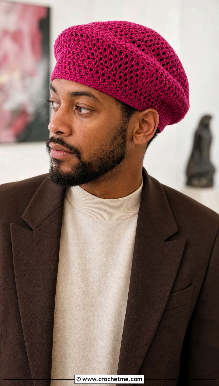 Crochet Tam Hat With Blazer And Wide Leg Trousers - 15 Easy Crochet Mens Hat outfit ideas