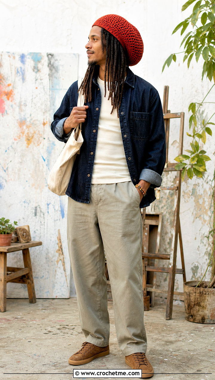 Crochet Tam Hat With Denim Overshirt - 35 crochet hat for man outfit ideas