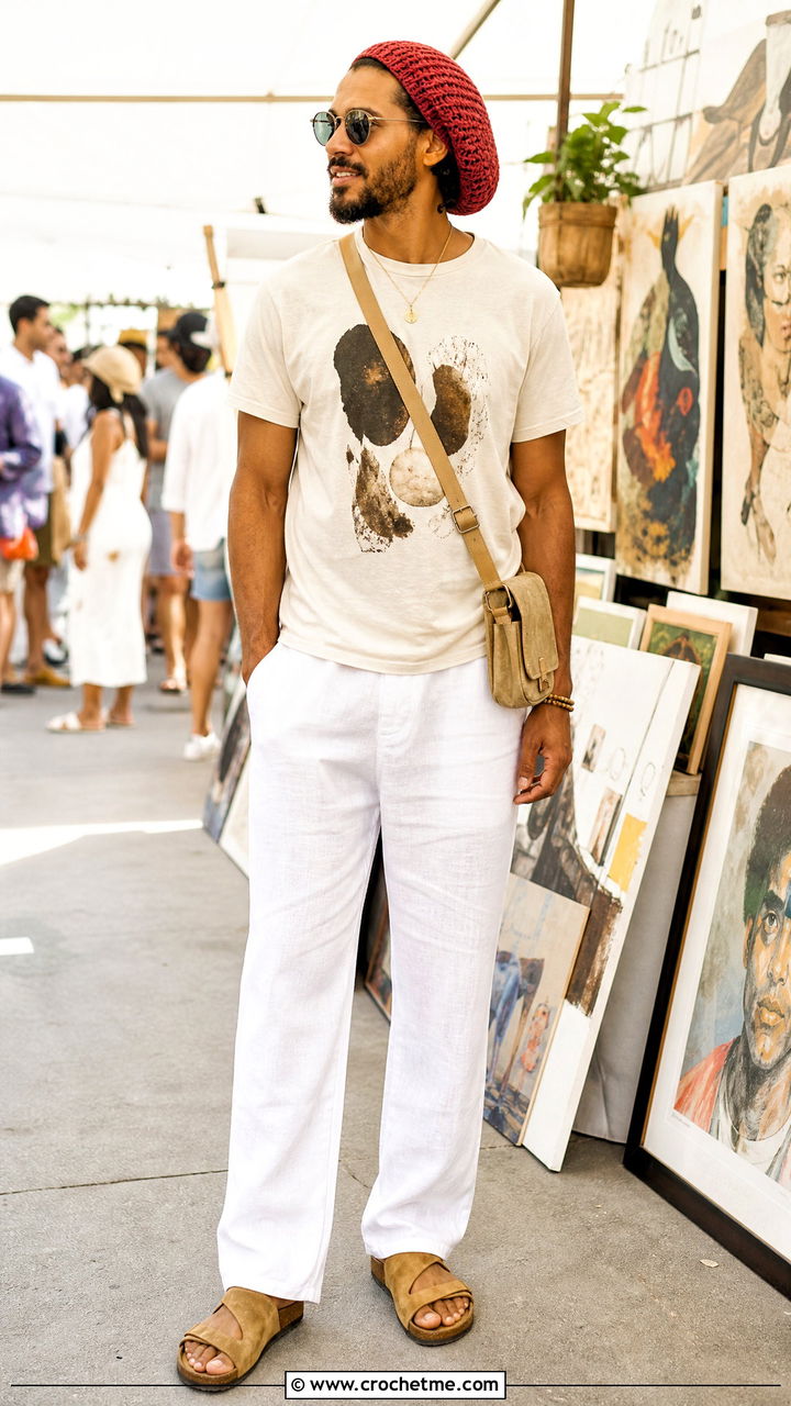 Crochet Tam Hat With Graphic T Shirt And Linen Pants - 35 crochet hat men outfit ideas