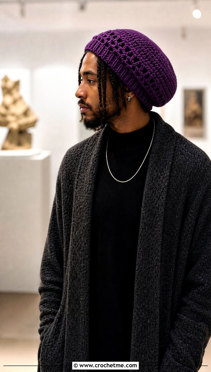 Crochet Tam Hat With Long Cardigan - 25 Crochet Mens Winter Hat outfit ideas
